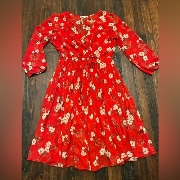 indigo Rose Dresses & Skirts - Red Floral Pleated Long Sleeve Chiffon Midi Dress Women's Size Petite Large